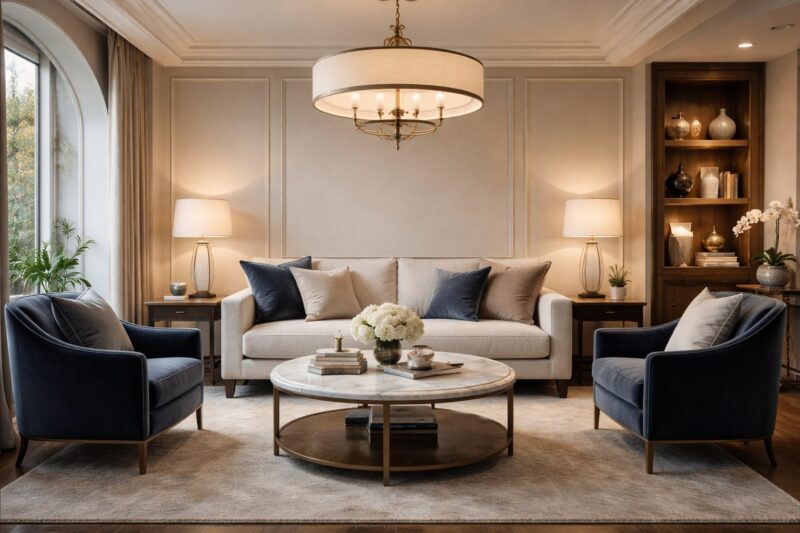 Elegantna dnevna soba sa mermernim stolom, tamnoplavim foteljama i toplom ambijentalnom rasvetom