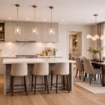 Elegantna open concept kuhinja sa kuhinjskim ostrvom, kvarcnom radnom pločom i usklađenom rasvetom