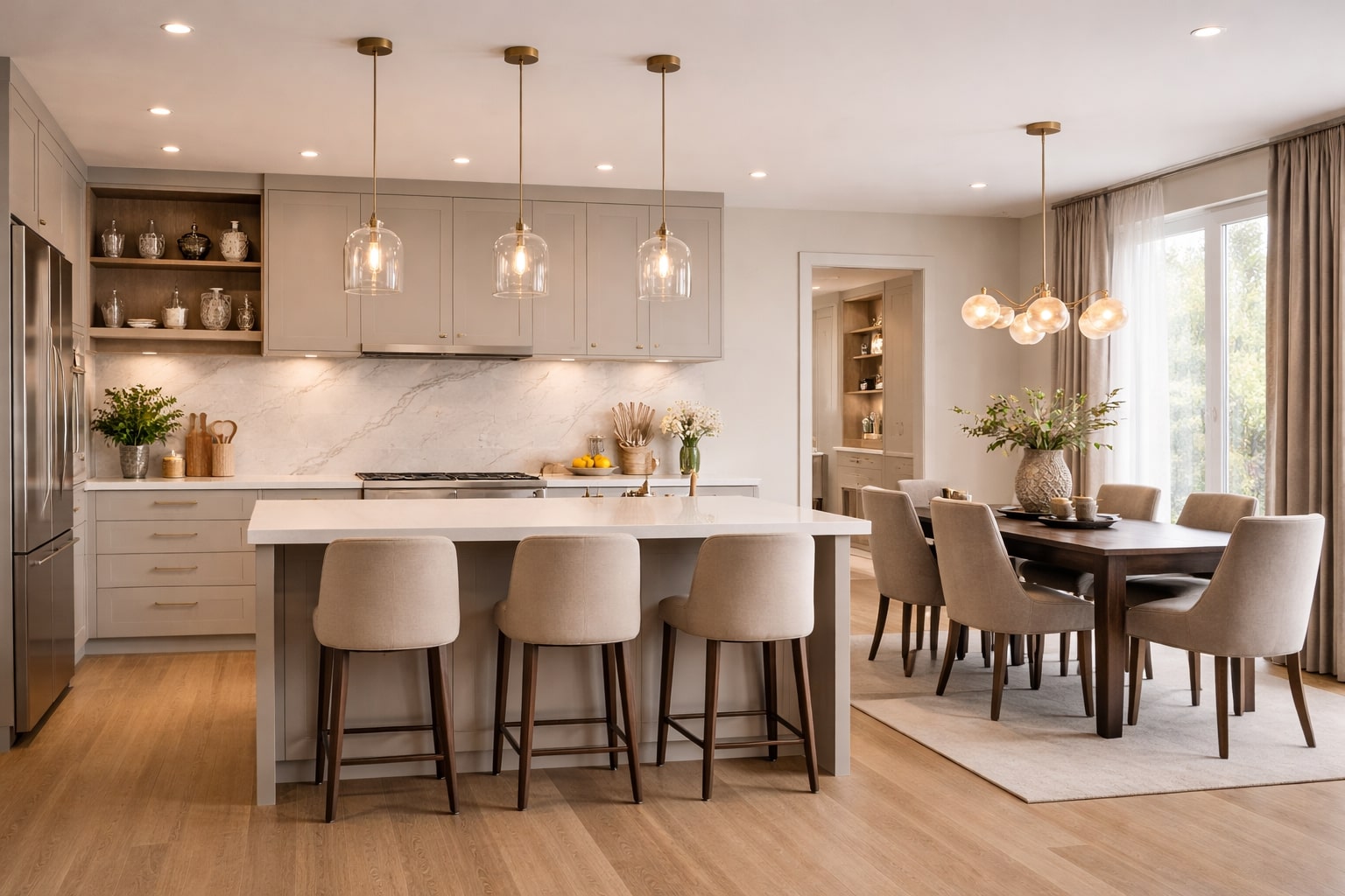 Elegantna open concept kuhinja sa kuhinjskim ostrvom, kvarcnom radnom pločom i usklađenom rasvetom