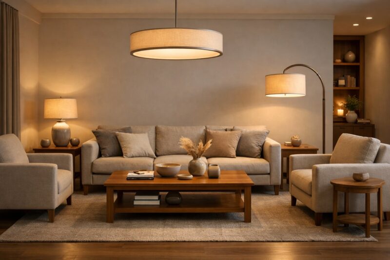 Usklađen nameštaj i rasveta u modernom dnevnom boravku u toplim neutralnim tonovima