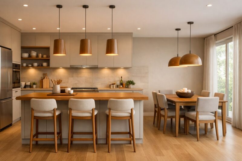 Otvorena kuhinja sa kuhinjskim ostrvom, drvenim nameštajem i usklađenom visećom rasvetom u modernom enterijeru