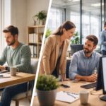 Rad od kuće i rad iz kancelarije: levo osoba radi za laptopom u mirnom kućnom prostoru sa prirodnim svetlom, desno tim ljudi sarađuje u modernoj kancelariji sa računarima i aktivnom komunikacijom.