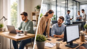 Rad od kuće i rad iz kancelarije: levo osoba radi za laptopom u mirnom kućnom prostoru sa prirodnim svetlom, desno tim ljudi sarađuje u modernoj kancelariji sa računarima i aktivnom komunikacijom.