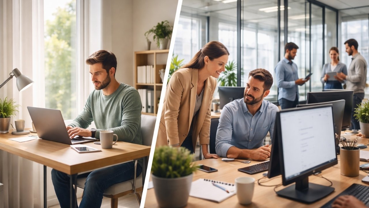 Rad od kuće i rad iz kancelarije: levo osoba radi za laptopom u mirnom kućnom prostoru sa prirodnim svetlom, desno tim ljudi sarađuje u modernoj kancelariji sa računarima i aktivnom komunikacijom.