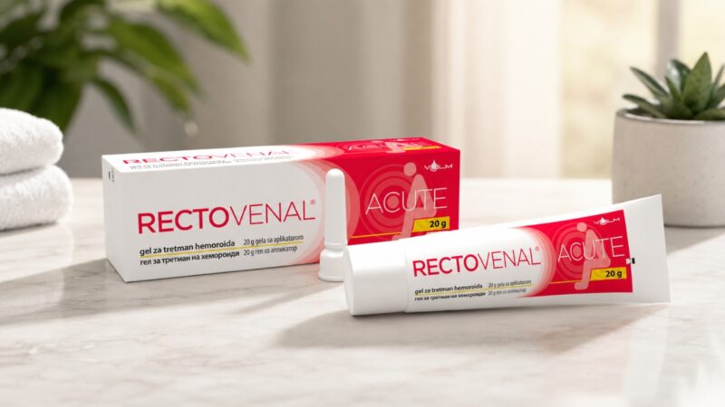Rectovenal Acute gel sa kutijom i aplikatorom postavljen je na stolu u modernom enterijeru