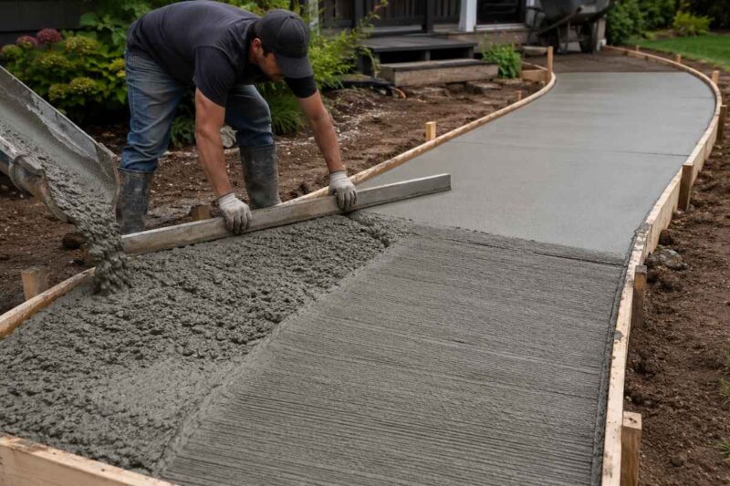 majstor rasporedjuje beton po betonskoj stazi