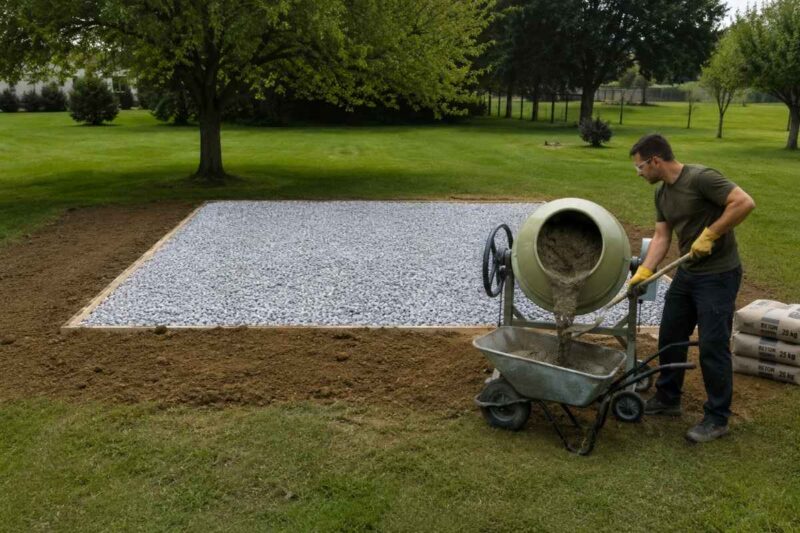 prikaz izrade temeljne šupe i majstora koji vadi beton iz mešalice