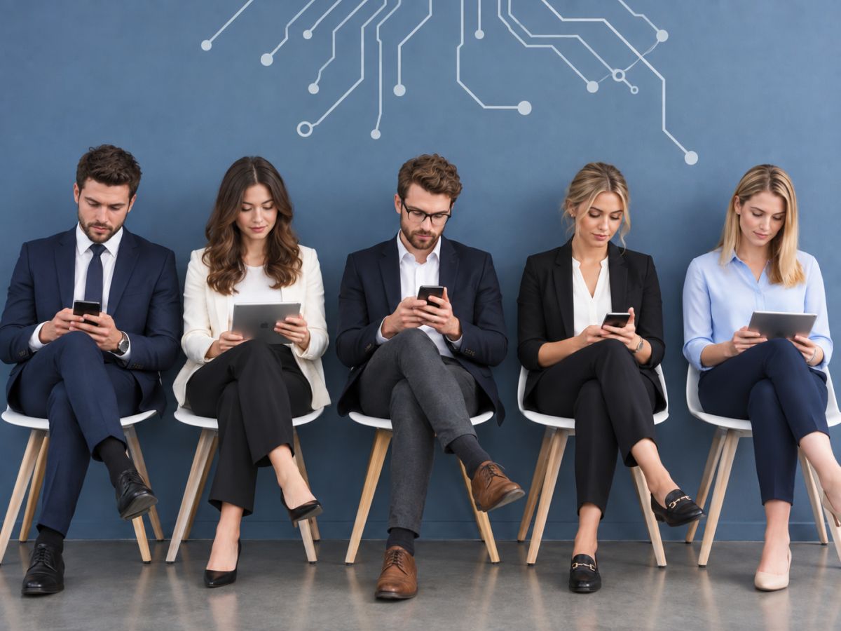 Pet mladih profesionalaca sedi u redu i koristi mobilne telefone i tablete u modernom poslovnom prostoru